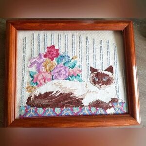 Floral Cat Needlepoint Art 11"x 9"